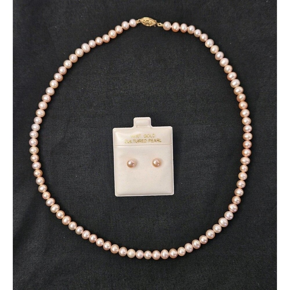 Vtg 5mm 14K Gold Clasp Pink Pearl 18" Necklace W/ Cultured Pearl Earrings